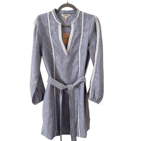 NWT Boden Cleo 100% Linen Tie Waist Dress in "Chambray Embroidery" Blue Size 4R - Picture 8 of 12